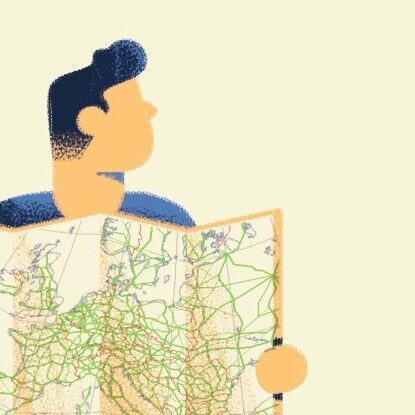 Illustration: ein Mann schaut sich eine Karte an (Cover für das Buch "andere Länder, andere Sprüche)