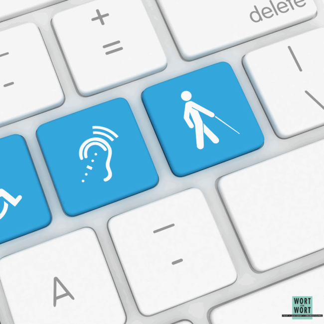Visual Barrierefreiheit_WfW einige Tasten einer Computertastatur, darauf Symbole zur Barrierefreiheit